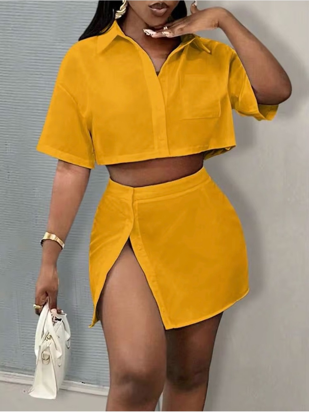High-Waist Mustard Yellow Mini Skirt & Crop Top - Women's Fashion
